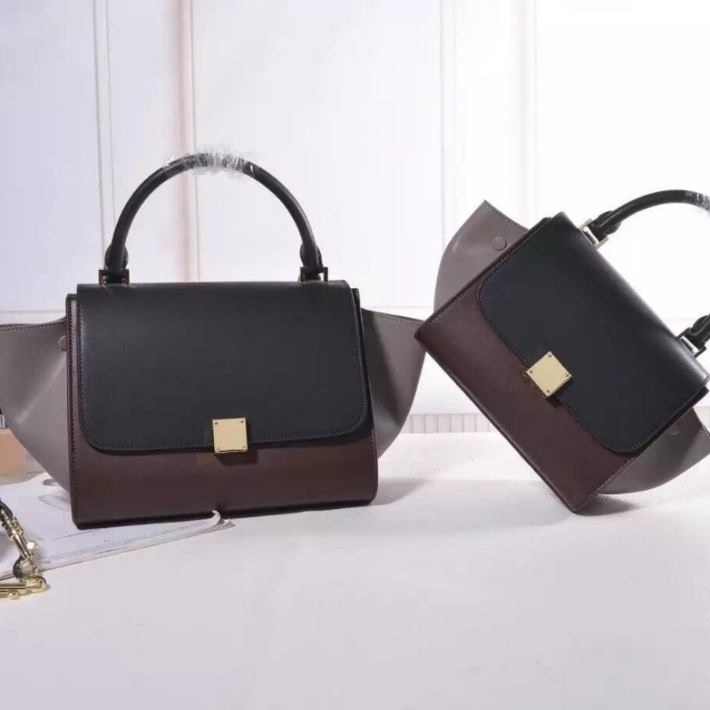 TRI TONE ALL LEATHER  TOTE --BLACK BROWN GREY